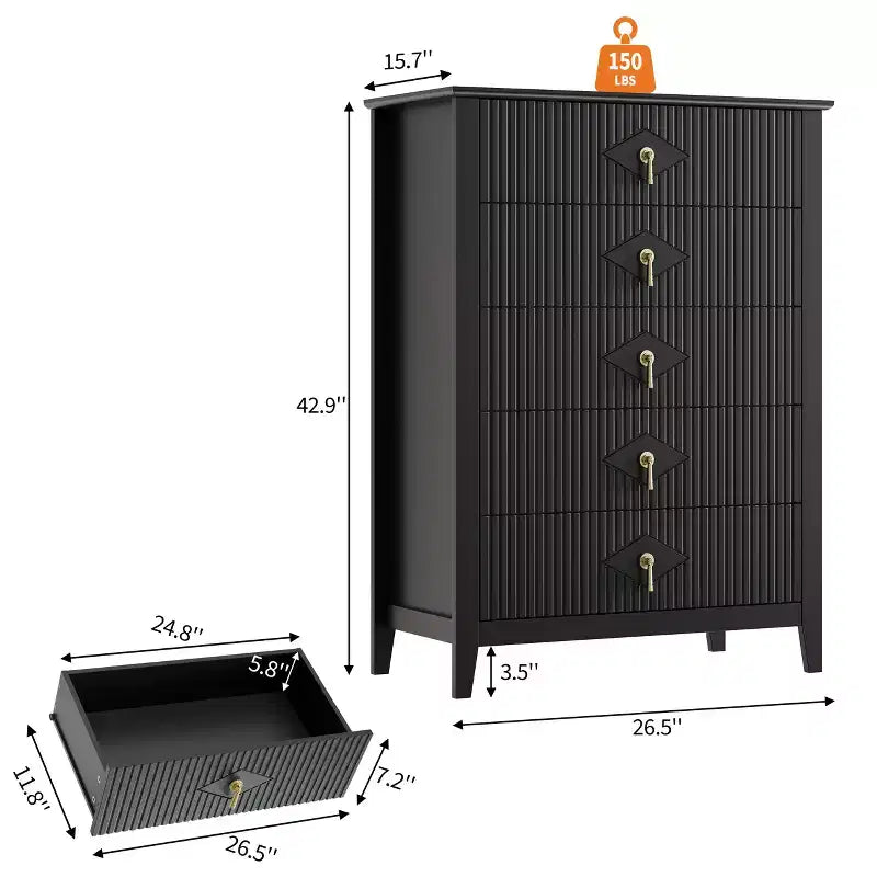 Fluted White Dresser for Bedroom , 43 Tall Storage Dresser Tower with 5 Drawers , Modern Chest of Drawers , Storage Organizer Unit for Closet , Entryway