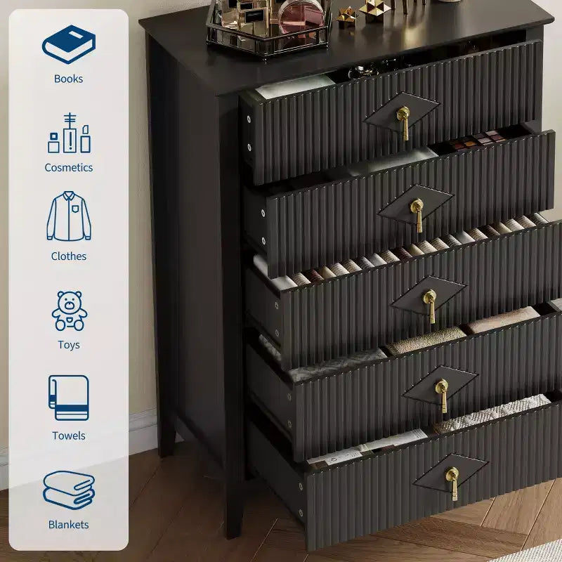 Fluted White Dresser for Bedroom , 43 Tall Storage Dresser Tower with 5 Drawers , Modern Chest of Drawers , Storage Organizer Unit for Closet , Entryway