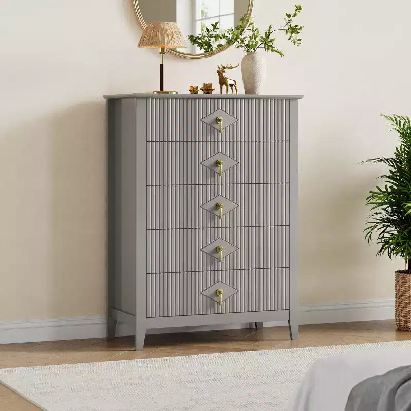 Fluted White Dresser for Bedroom , 43 Tall Storage Dresser Tower with 5 Drawers , Modern Chest of Drawers , Storage Organizer Unit for Closet , Entryway