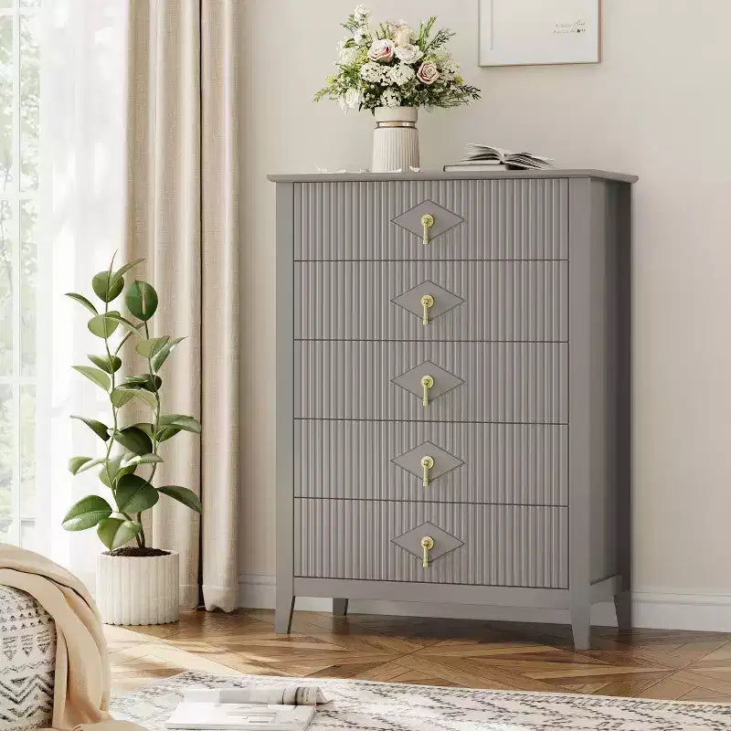Fluted White Dresser for Bedroom , 43 Tall Storage Dresser Tower with 5 Drawers , Modern Chest of Drawers , Storage Organizer Unit for Closet , Entryway