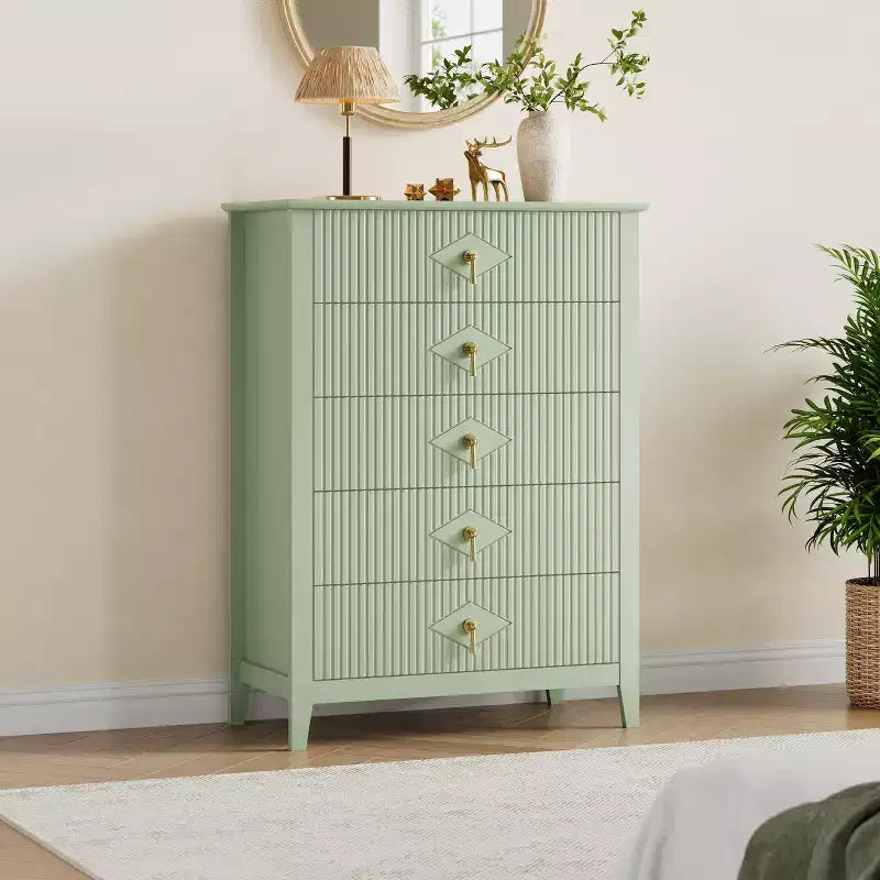 Fluted White Dresser for Bedroom , 43 Tall Storage Dresser Tower with 5 Drawers , Modern Chest of Drawers , Storage Organizer Unit for Closet , Entryway
