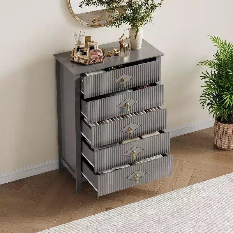 Fluted White Dresser for Bedroom , 43 Tall Storage Dresser Tower with 5 Drawers , Modern Chest of Drawers , Storage Organizer Unit for Closet , Entryway