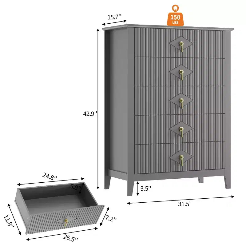 Fluted White Dresser for Bedroom , 43 Tall Storage Dresser Tower with 5 Drawers , Modern Chest of Drawers , Storage Organizer Unit for Closet , Entryway