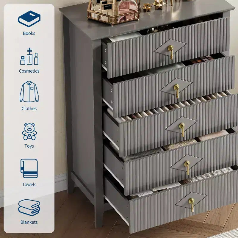 Fluted White Dresser for Bedroom , 43 Tall Storage Dresser Tower with 5 Drawers , Modern Chest of Drawers , Storage Organizer Unit for Closet , Entryway