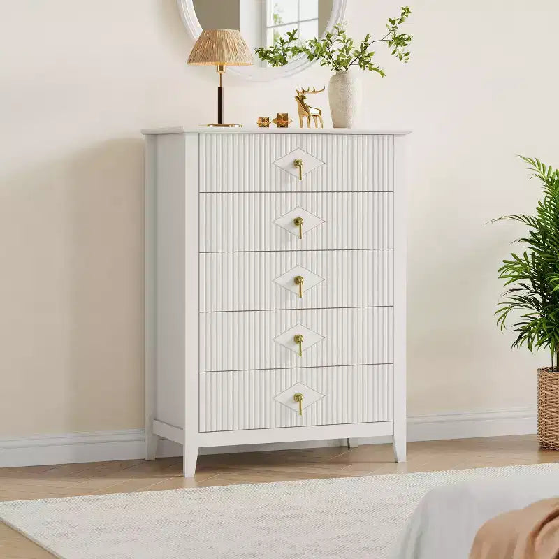 Fluted White Dresser for Bedroom , 43 Tall Storage Dresser Tower with 5 Drawers , Modern Chest of Drawers , Storage Organizer Unit for Closet , Entryway