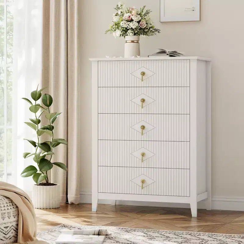 Fluted White Dresser for Bedroom , 43 Tall Storage Dresser Tower with 5 Drawers , Modern Chest of Drawers , Storage Organizer Unit for Closet , Entryway