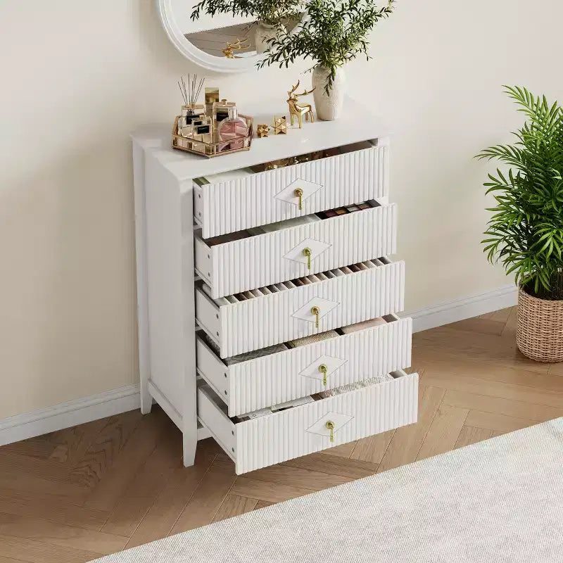 Fluted White Dresser for Bedroom , 43 Tall Storage Dresser Tower with 5 Drawers , Modern Chest of Drawers , Storage Organizer Unit for Closet , Entryway