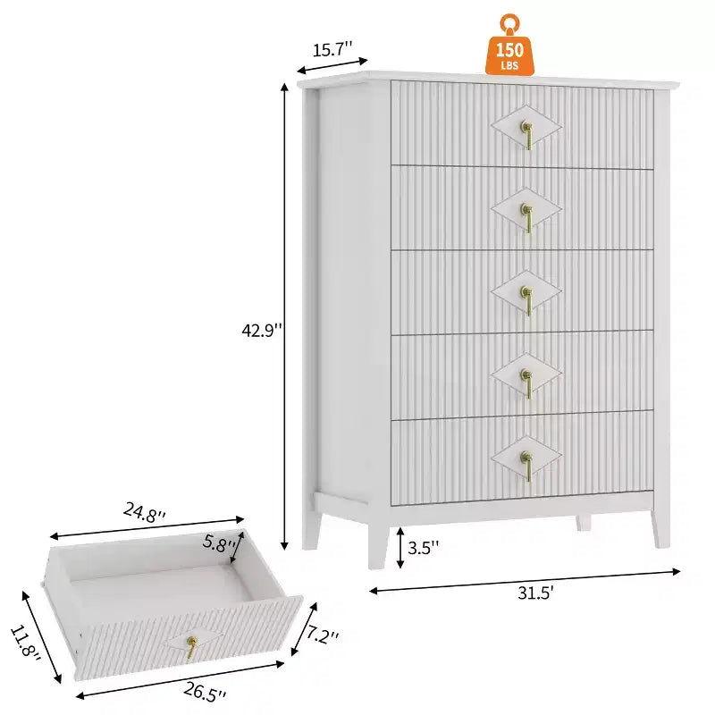 Fluted White Dresser for Bedroom , 43 Tall Storage Dresser Tower with 5 Drawers , Modern Chest of Drawers , Storage Organizer Unit for Closet , Entryway