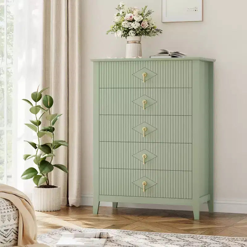 Fluted White Dresser for Bedroom , 43 Tall Storage Dresser Tower with 5 Drawers , Modern Chest of Drawers , Storage Organizer Unit for Closet , Entryway