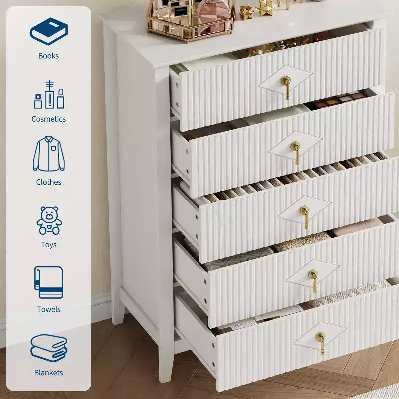 Fluted White Dresser for Bedroom , 43 Tall Storage Dresser Tower with 5 Drawers , Modern Chest of Drawers , Storage Organizer Unit for Closet , Entryway