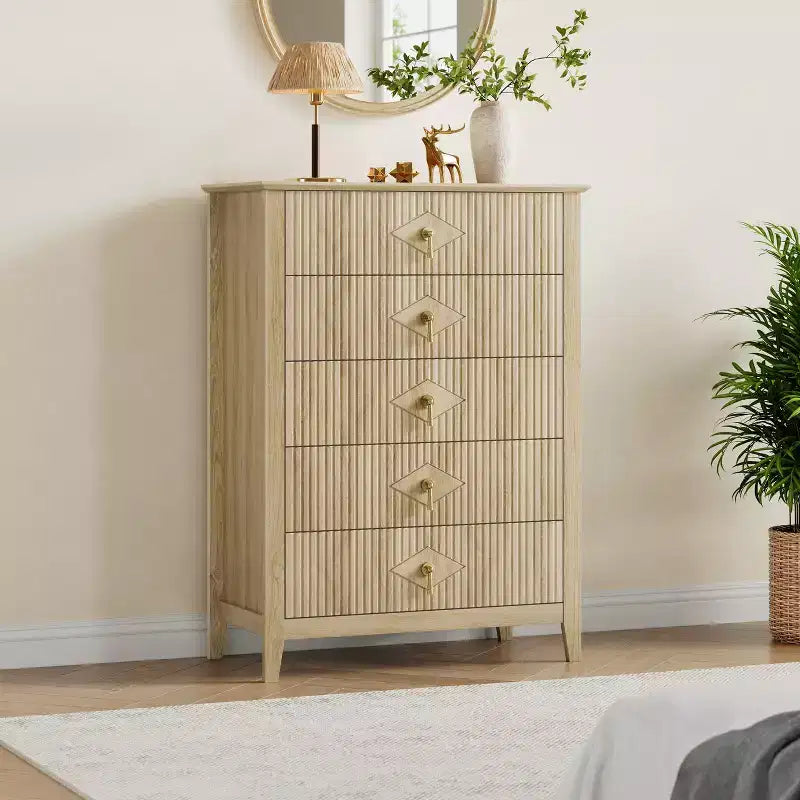 Fluted White Dresser for Bedroom , 43 Tall Storage Dresser Tower with 5 Drawers , Modern Chest of Drawers , Storage Organizer Unit for Closet , Entryway