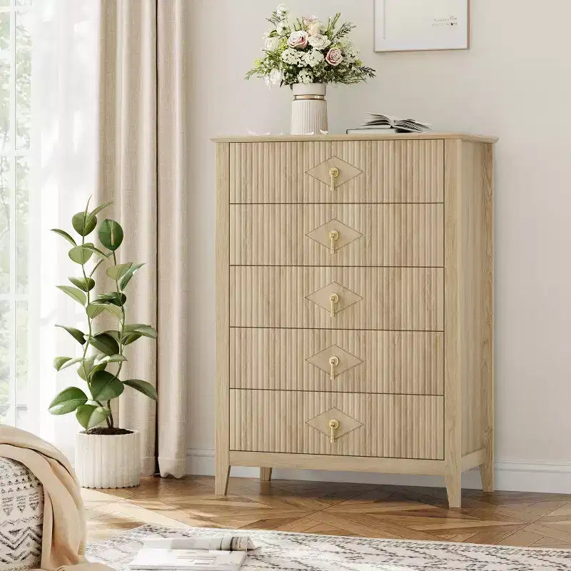 Fluted White Dresser for Bedroom , 43 Tall Storage Dresser Tower with 5 Drawers , Modern Chest of Drawers , Storage Organizer Unit for Closet , Entryway