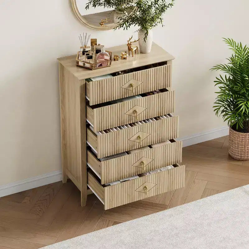 Fluted White Dresser for Bedroom , 43 Tall Storage Dresser Tower with 5 Drawers , Modern Chest of Drawers , Storage Organizer Unit for Closet , Entryway