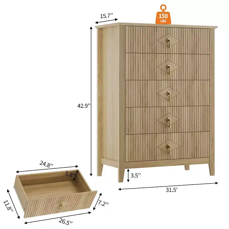 Fluted White Dresser for Bedroom , 43 Tall Storage Dresser Tower with 5 Drawers , Modern Chest of Drawers , Storage Organizer Unit for Closet , Entryway