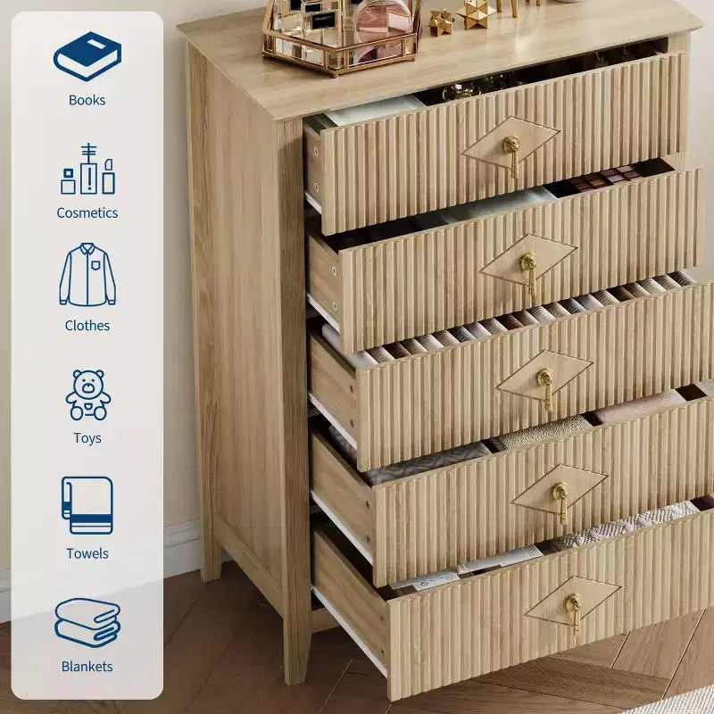 Fluted White Dresser for Bedroom , 43 Tall Storage Dresser Tower with 5 Drawers , Modern Chest of Drawers , Storage Organizer Unit for Closet , Entryway