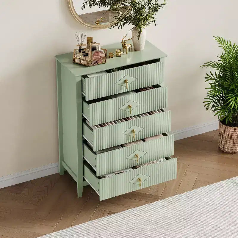 Fluted White Dresser for Bedroom , 43 Tall Storage Dresser Tower with 5 Drawers , Modern Chest of Drawers , Storage Organizer Unit for Closet , Entryway