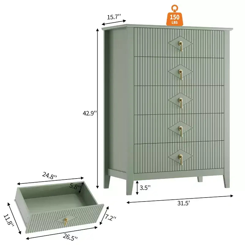 Fluted White Dresser for Bedroom , 43 Tall Storage Dresser Tower with 5 Drawers , Modern Chest of Drawers , Storage Organizer Unit for Closet , Entryway