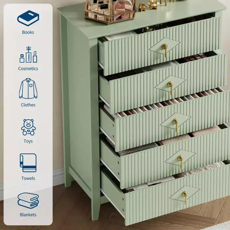 Fluted White Dresser for Bedroom , 43 Tall Storage Dresser Tower with 5 Drawers , Modern Chest of Drawers , Storage Organizer Unit for Closet , Entryway