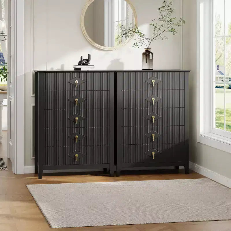 Fluted White Dresser for Bedroom , 43 Tall Storage Dresser Tower with 5 Drawers , Modern Chest of Drawers , Storage Organizer Unit for Closet , Entryway