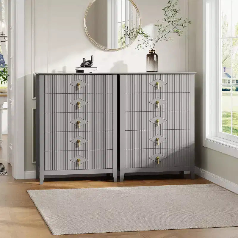 Fluted White Dresser for Bedroom , 43 Tall Storage Dresser Tower with 5 Drawers , Modern Chest of Drawers , Storage Organizer Unit for Closet , Entryway