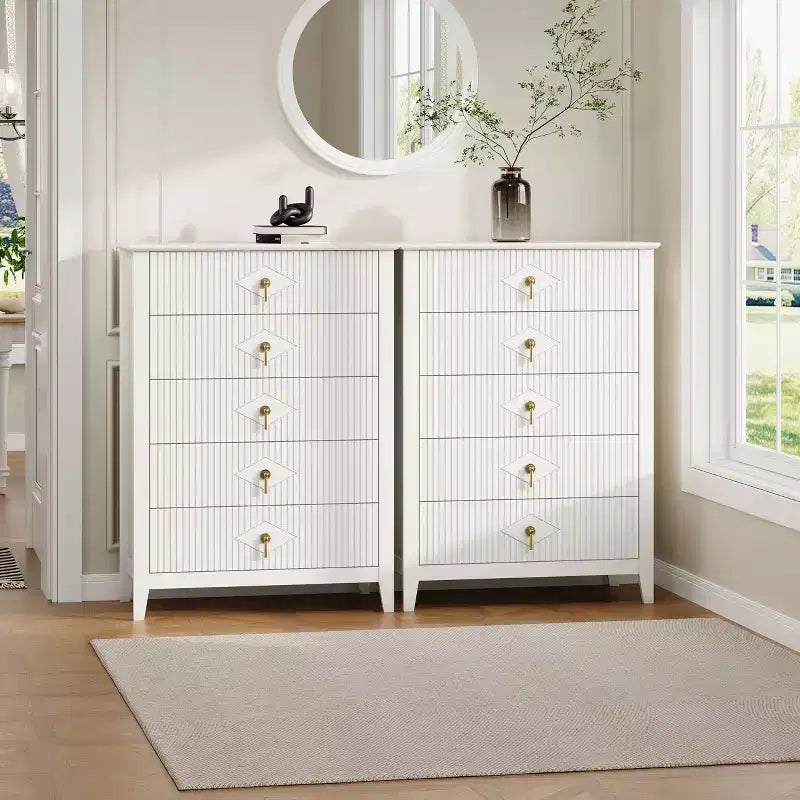 Fluted White Dresser for Bedroom , 43 Tall Storage Dresser Tower with 5 Drawers , Modern Chest of Drawers , Storage Organizer Unit for Closet , Entryway