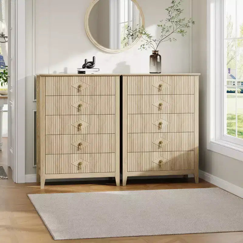 Fluted White Dresser for Bedroom , 43 Tall Storage Dresser Tower with 5 Drawers , Modern Chest of Drawers , Storage Organizer Unit for Closet , Entryway