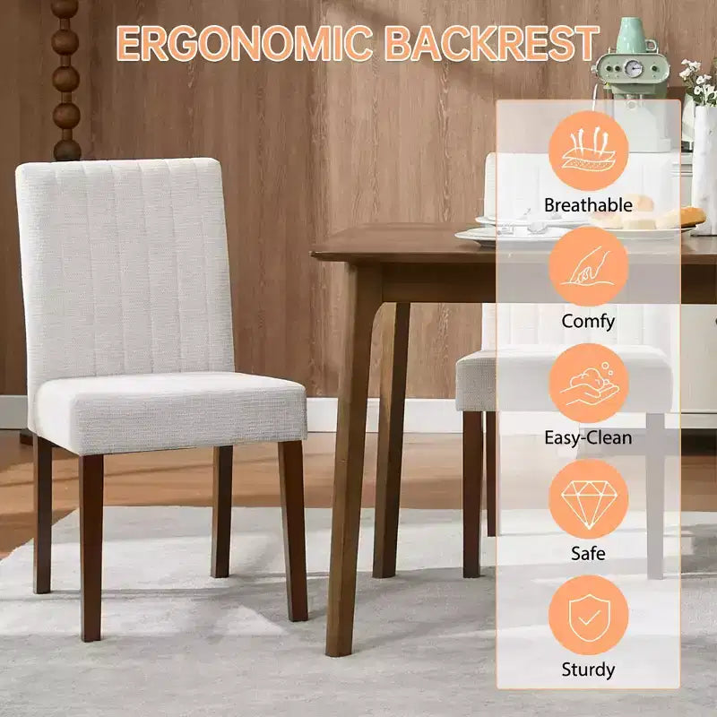 Dining chair set of 2 , upholstered striped tufted dining chair with wooden legs , kitchen chair with upholstered high back and adjustable feet