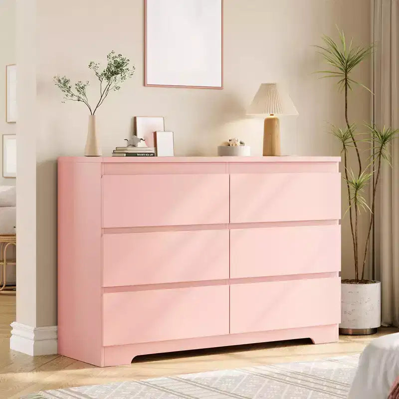 Modern Pink 6 Drawer Dresser, Simply Chest of Drawers for Clothes Storage for Bedroom, Wood Storage Double Dresser for Bedroom, Living Room