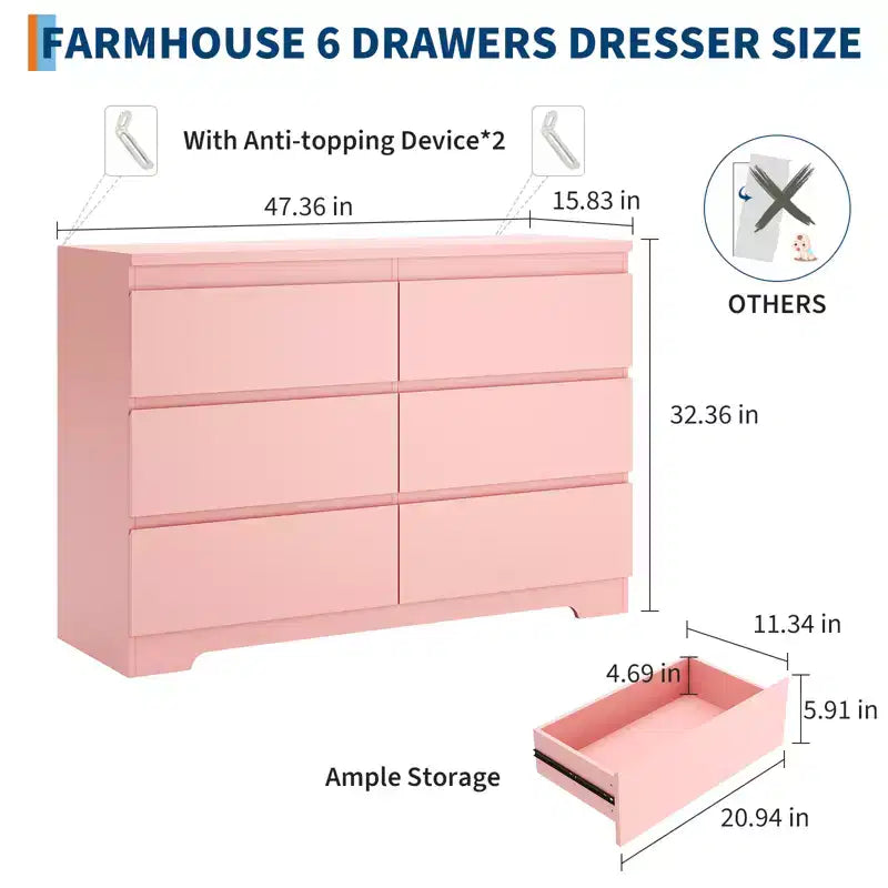 Modern Pink 6 Drawer Dresser , Simply Chest of Drawers for Clothes Storage for Bedroom , Wood Storage Double Dresser for Bedroom , Living Room
