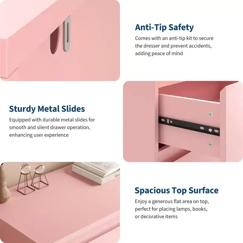 Modern Pink 6 Drawer Dresser , Simply Chest of Drawers for Clothes Storage for Bedroom , Wood Storage Double Dresser for Bedroom , Living Room