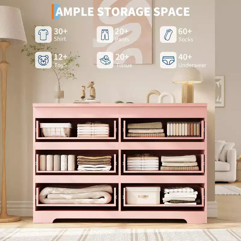 Modern Pink 6 Drawer Dresser , Simply Chest of Drawers for Clothes Storage for Bedroom , Wood Storage Double Dresser for Bedroom , Living Room