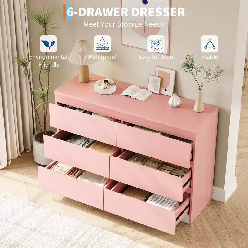 Modern Pink 6 Drawer Dresser , Simply Chest of Drawers for Clothes Storage for Bedroom , Wood Storage Double Dresser for Bedroom , Living Room