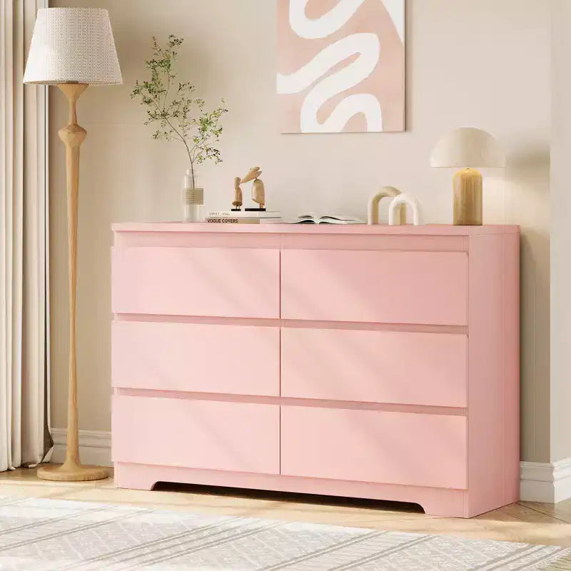 Modern Pink 6 Drawer Dresser , Simply Chest of Drawers for Clothes Storage for Bedroom , Wood Storage Double Dresser for Bedroom , Living Room