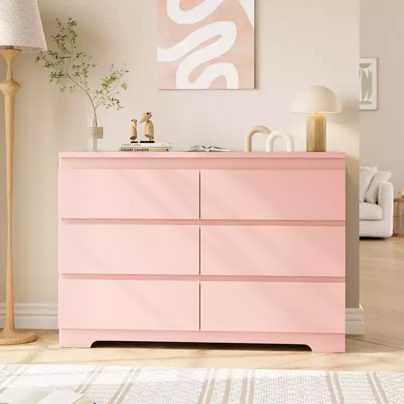 Modern Pink 6 Drawer Dresser , Simply Chest of Drawers for Clothes Storage for Bedroom , Wood Storage Double Dresser for Bedroom , Living Room