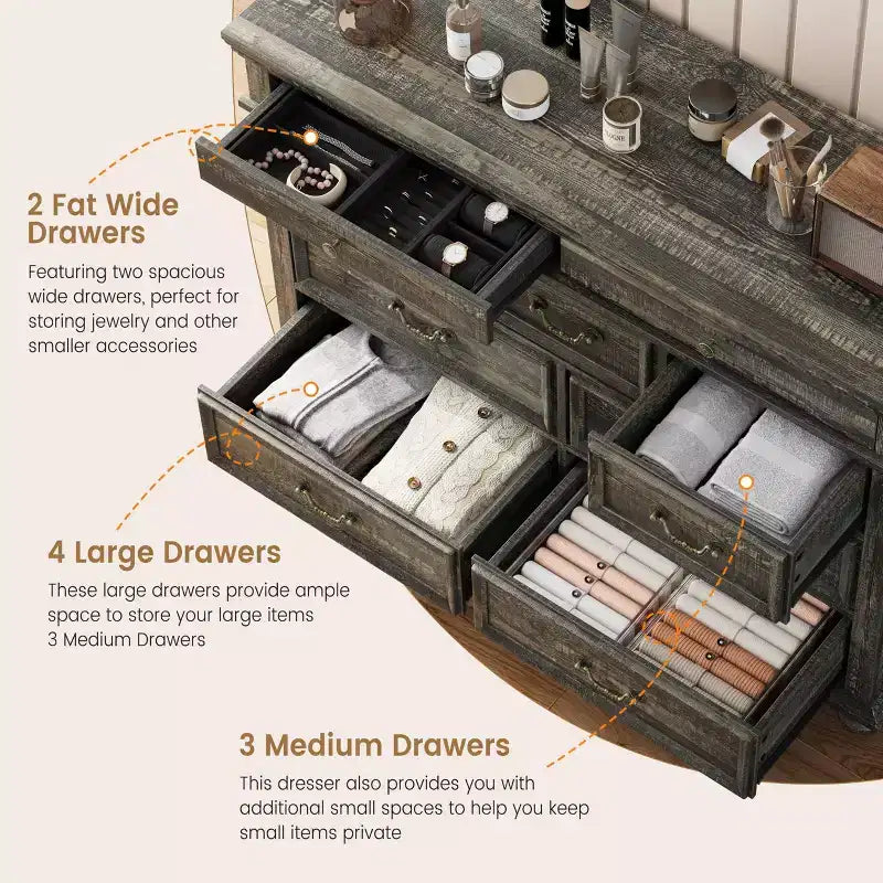 47 Wide 9 - Drawer Dresser Farmhouse Chest for Bedroom & Living Room Storage