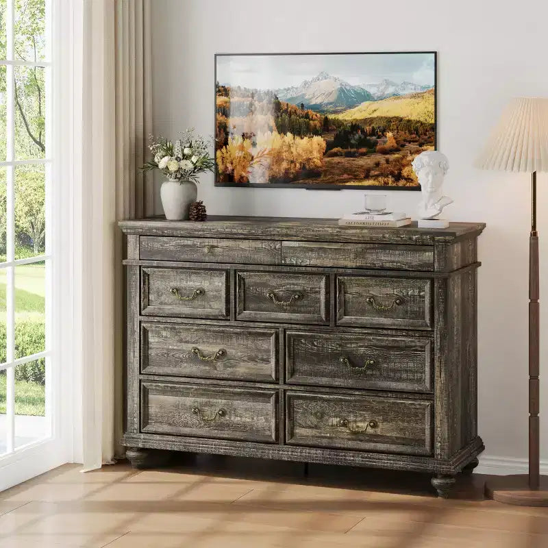 47 Wide 9-Drawer Dresser  Farmhouse Chest for Bedroom & Living Room Storage