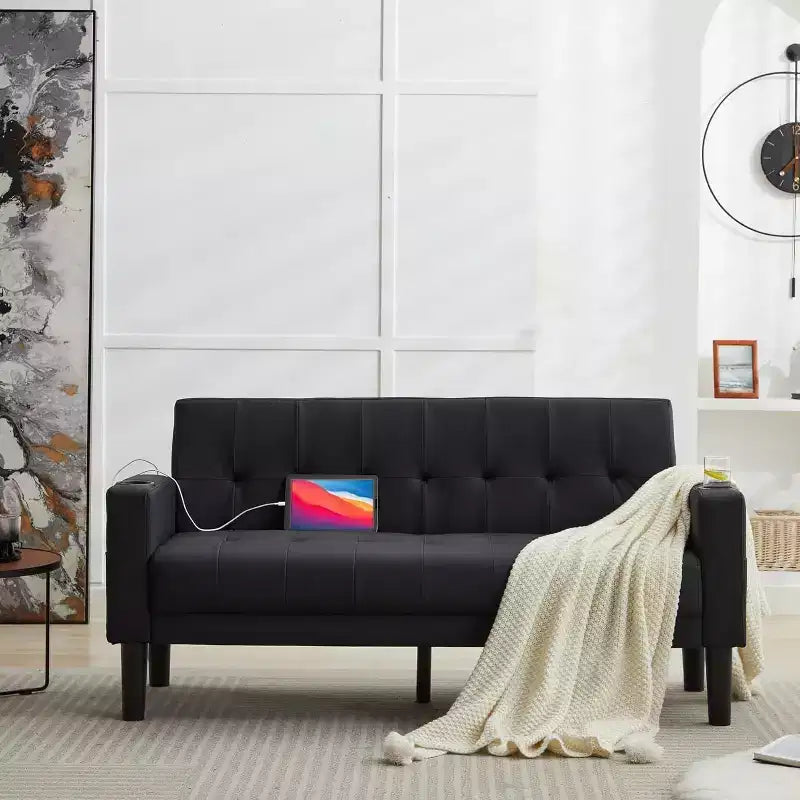 2 - Piece Sofa Couch , Modern Linen Upholstered Sofa , 2 - Piece Set (Loveseat & Chair) Sofa with Deep Seats for Living Room , Black