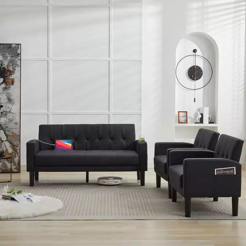 2 - Piece Sofa Couch , Modern Linen Upholstered Sofa , 2 - Piece Set (Loveseat & Chair) Sofa with Deep Seats for Living Room , Black