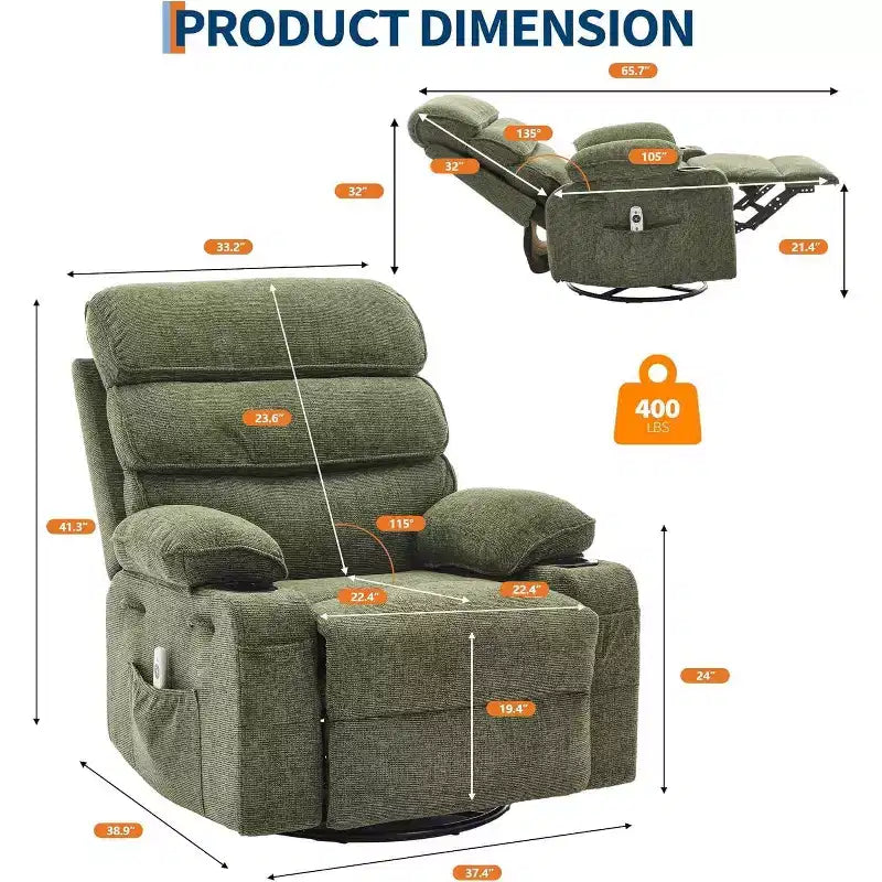 Massage Rocker Recliner with Heating , 360 Swivel Glider Recliner Chairs for Adults , Linen Nursery Chair with Side Pocket , Two Cup Holders