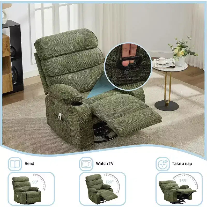 Massage Rocker Recliner with Heating , 360 Swivel Glider Recliner Chairs for Adults , Linen Nursery Chair with Side Pocket , Two Cup Holders