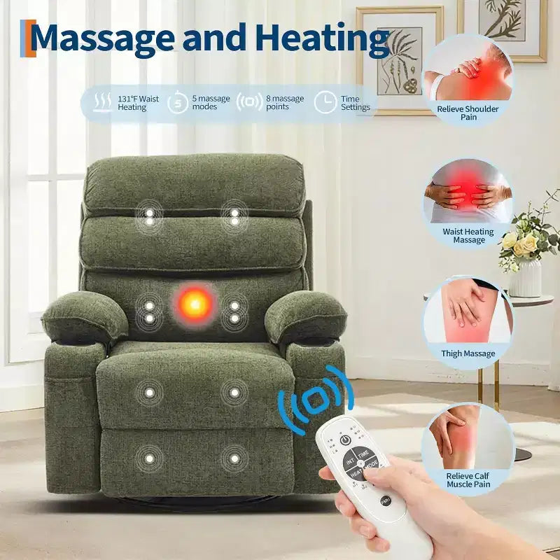 Massage Rocker Recliner with Heating , 360 Swivel Glider Recliner Chairs for Adults , Linen Nursery Chair with Side Pocket , Two Cup Holders