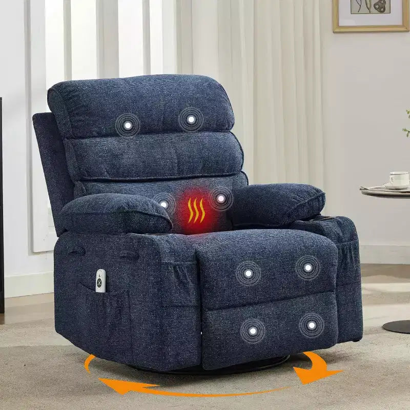 Massage Rocker Recliner with Heating , 360 Swivel Glider Recliner Chairs for Adults , Linen Nursery Chair with Side Pocket , Two Cup Holders