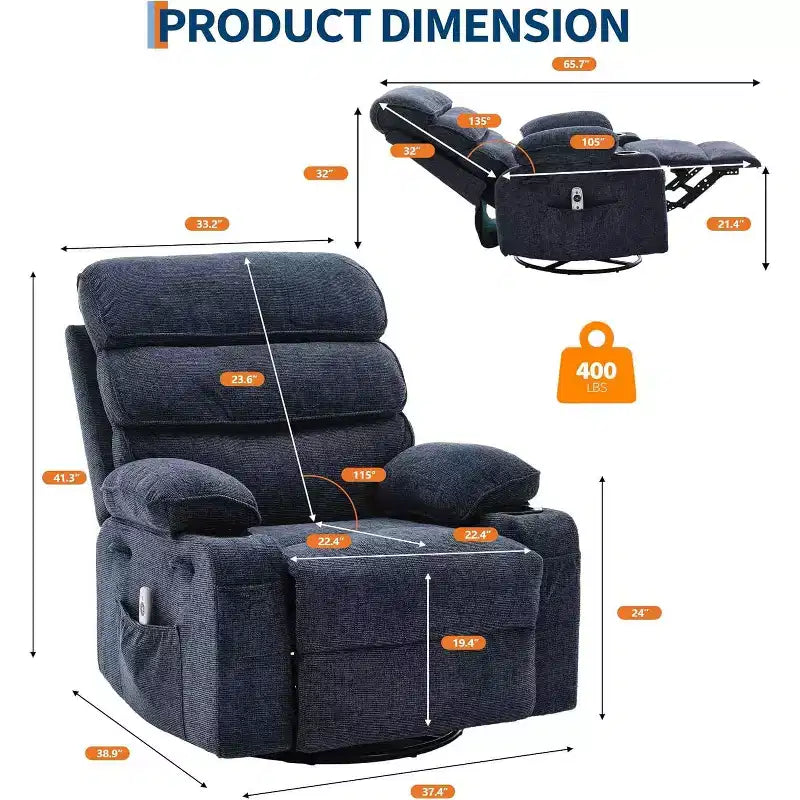 Massage Rocker Recliner with Heating , 360 Swivel Glider Recliner Chairs for Adults , Linen Nursery Chair with Side Pocket , Two Cup Holders