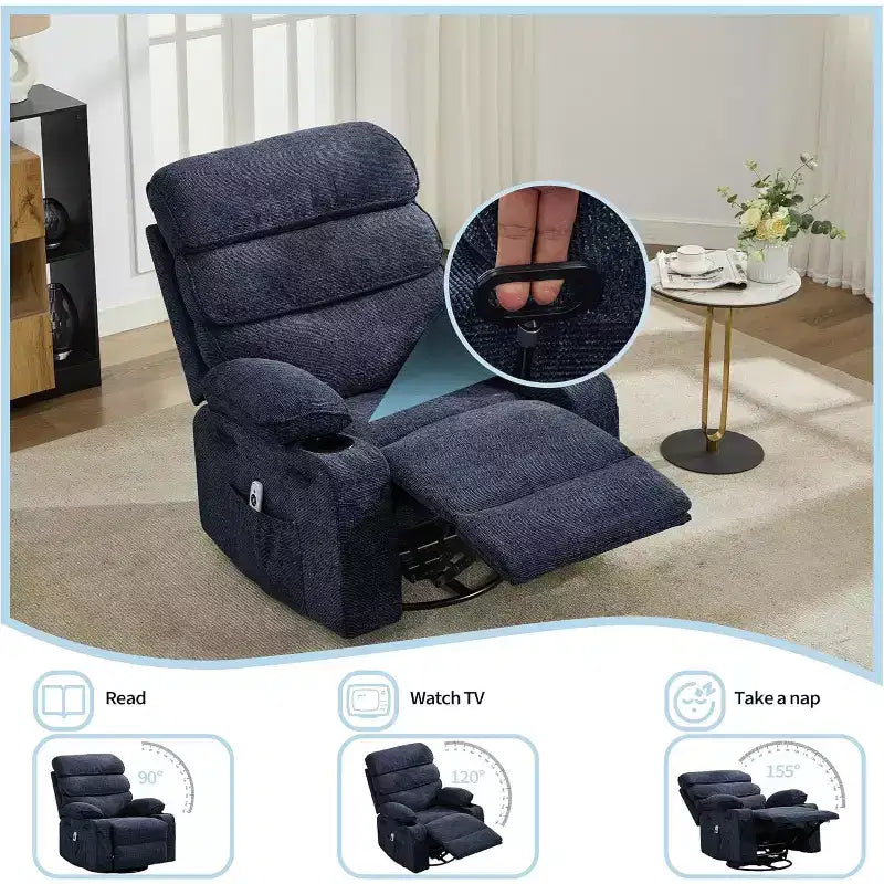 Massage Rocker Recliner with Heating , 360 Swivel Glider Recliner Chairs for Adults , Linen Nursery Chair with Side Pocket , Two Cup Holders