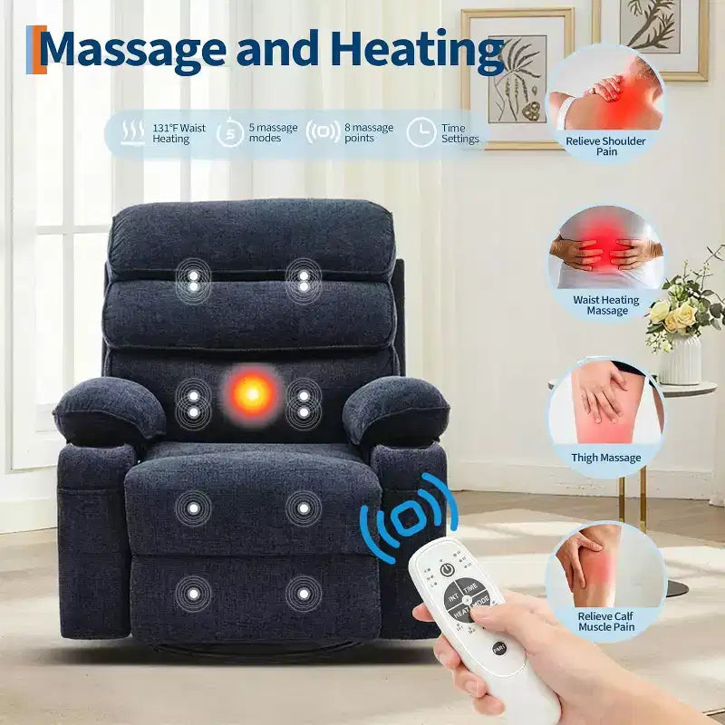 Massage Rocker Recliner with Heating , 360 Swivel Glider Recliner Chairs for Adults , Linen Nursery Chair with Side Pocket , Two Cup Holders