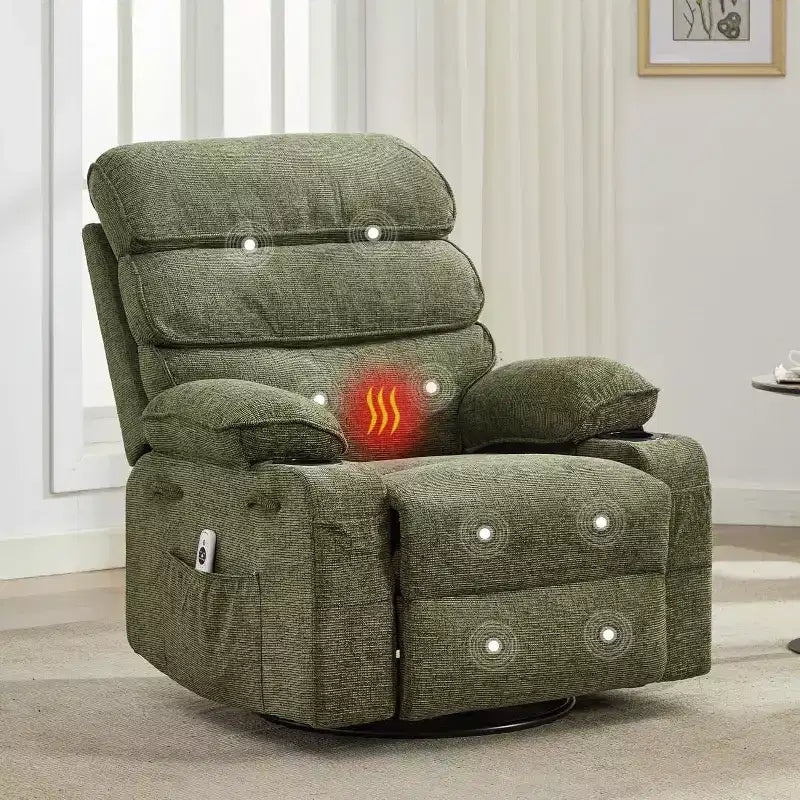 Massage Rocker Recliner with Heating , 360 Swivel Glider Recliner Chairs for Adults , Linen Nursery Chair with Side Pocket , Two Cup Holders