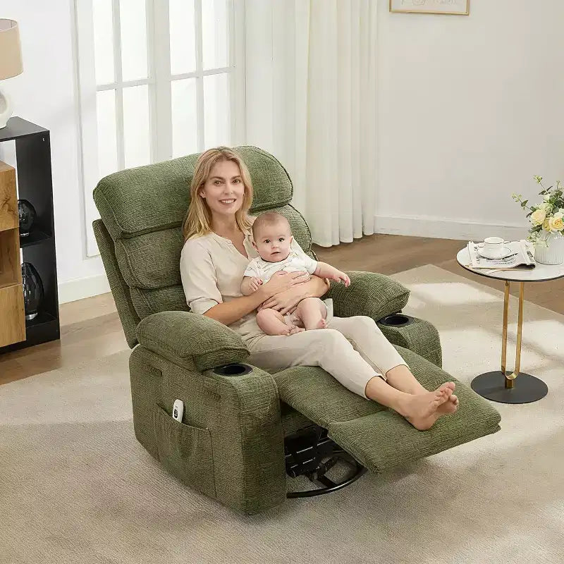 Massage Rocker Recliner with Heating , 360 Swivel Glider Recliner Chairs for Adults , Linen Nursery Chair with Side Pocket , Two Cup Holders