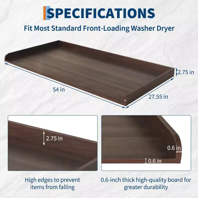 Washer Dryer Countertop , 54x27.5 Inches Waterproof Wood Laundry Topper - Edge Railing , Non - Slip for Laundry Room Organization
