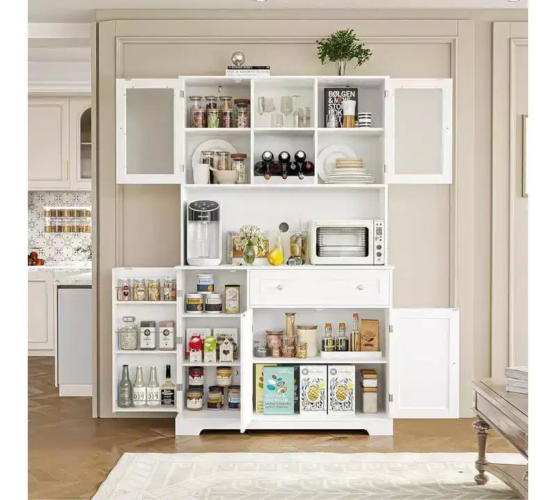 Tall Kitchen Pantry Storage Cabinet with Microwave Stand Modern, Wood Buffet Sideboard with Hutch, Cupboard with Drawers and Shelves White