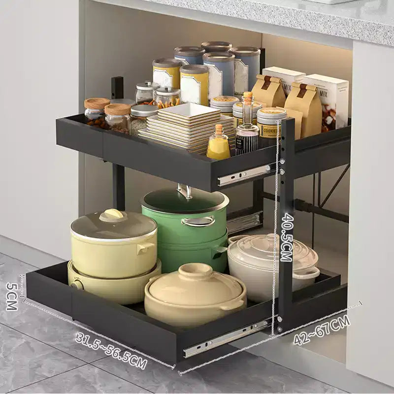 Kitchen Pull Out Drawers for Cabinets , 2 - Tier Adjustable Slide Out Organizer , Under Cabinet Pots and Pans Storage Rack , Heavy - Duty Carbon Steel
